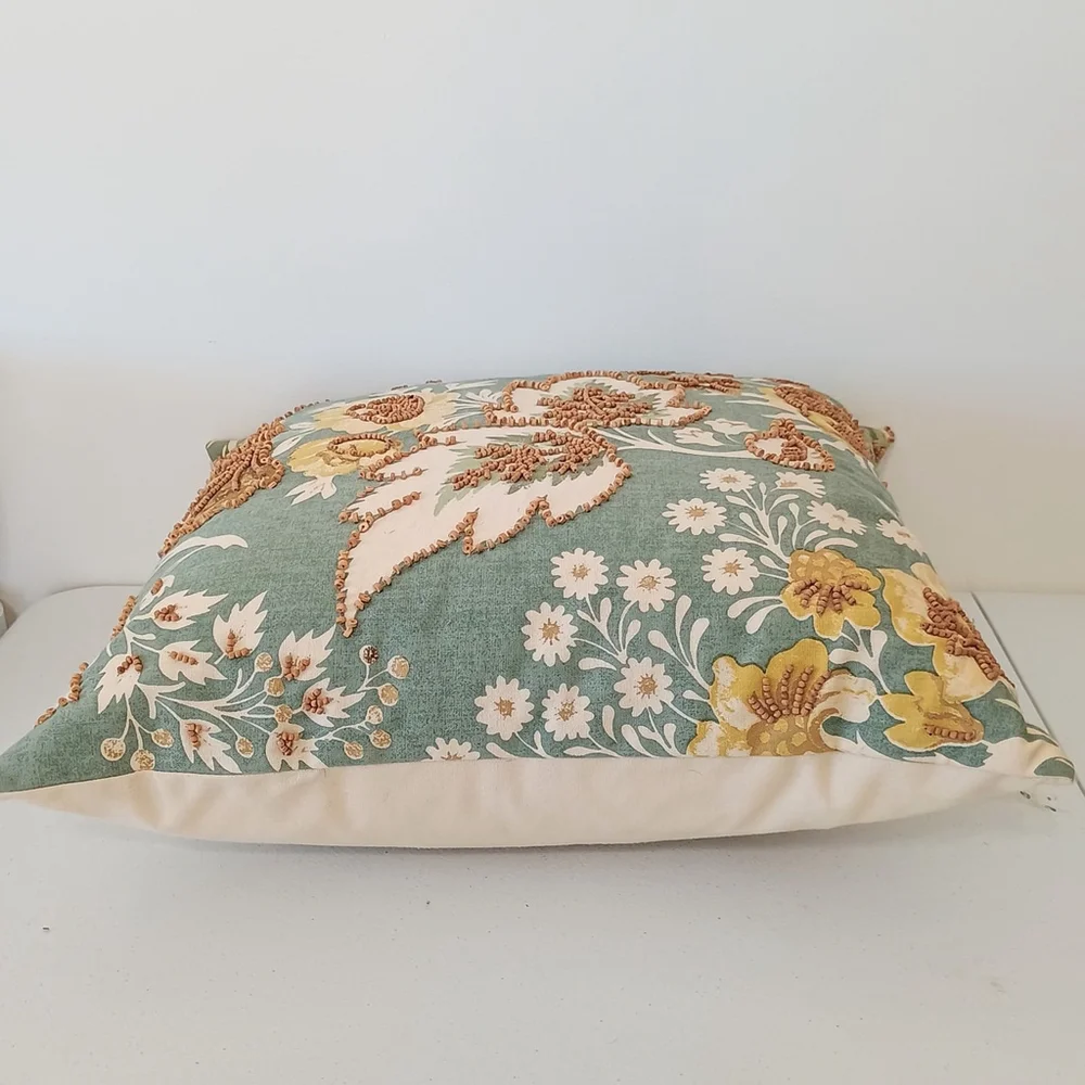 Pottery Barn 18x18 Throw Pillow Wood Beads Leaves Floral Blue Cream Down Feather